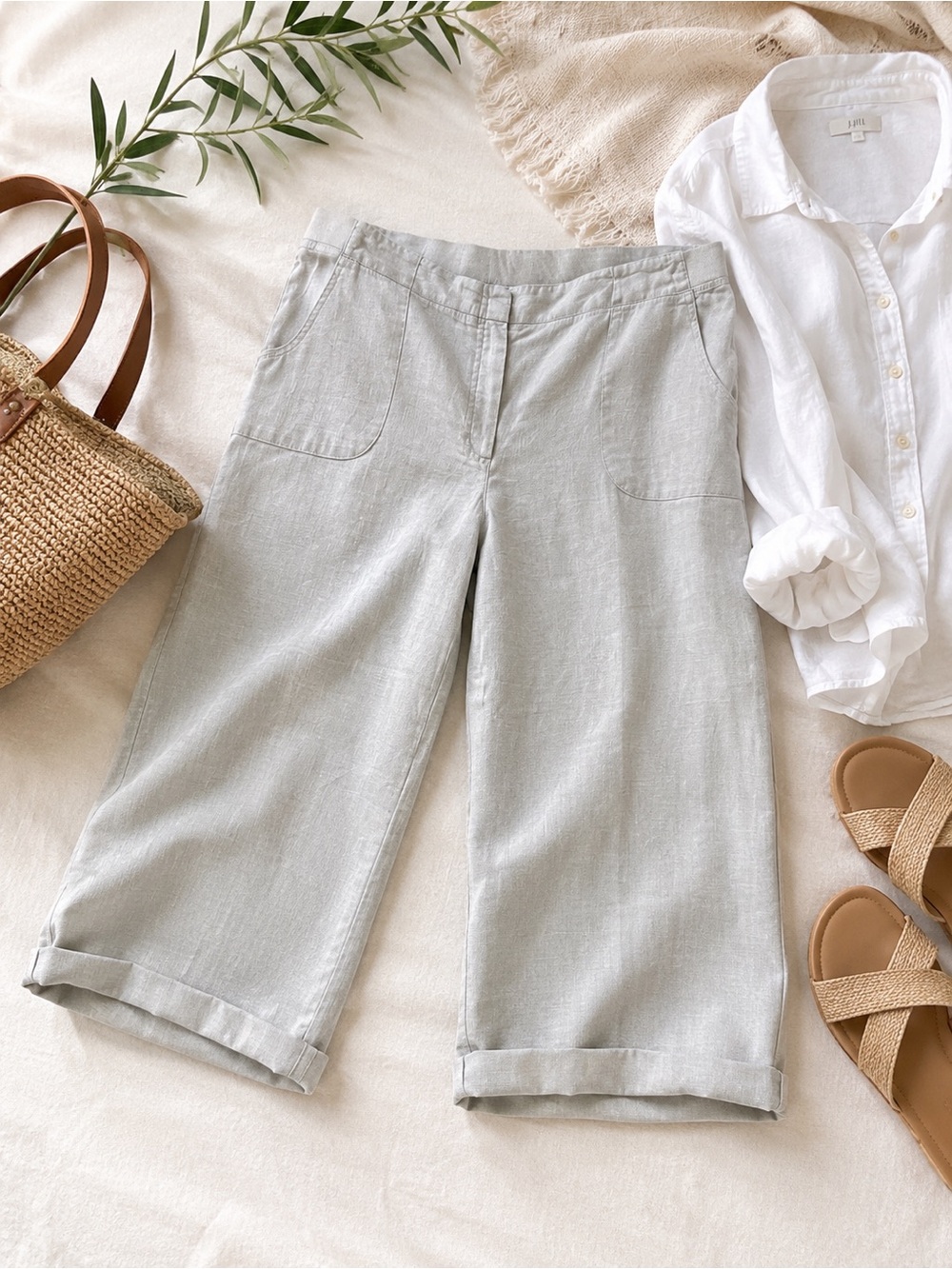 J.Jill Pure Linen Wide Leg Crop Pants Gray Pull On Coastal Resort 16